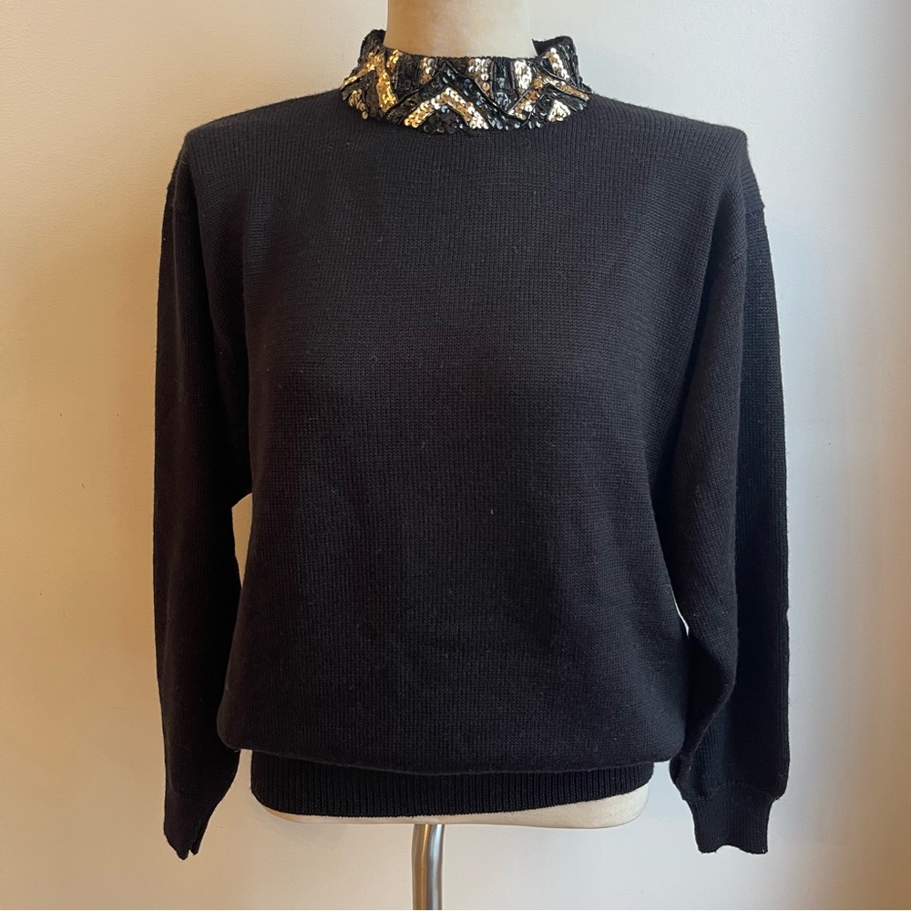 Vintage 80s Priscilla Wool Blend Mockneck Sweater Sequin Black Oversized Small